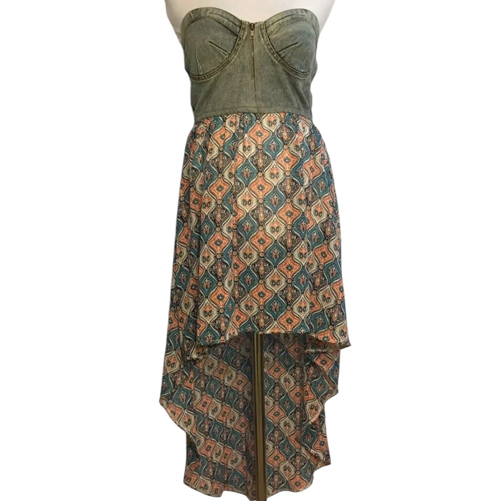 Rue 21 Blue Denim Boho Print Strapless Dress Zip Front Asymmetrical Hem Sz S Y2K